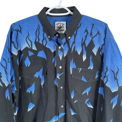 Vtg Rodeo Active Aztec Southwestern Western Shirt Button Down Mens L Cotton Blue - Image 1 of 4