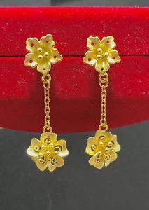 24K Solid Yellow Gold Double Flower Dangle Stud Earrings - Picture 1 of 18