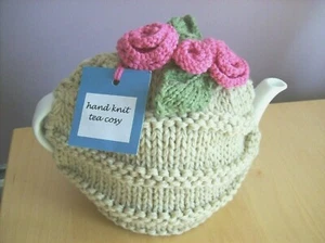 Biscuit Beige Hand Knit Tea Cosy with Pink Roses + Green Leaf Trims NEW - Picture 1 of 1