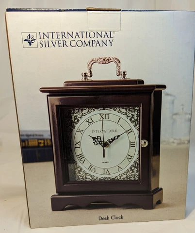 International Silver Company Desk Mantel Quartz Clock In Mahogany Finish In Box Cover