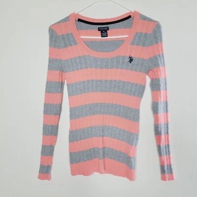 Suéter Polo EE. UU. Para Mujer Talla Mediana Rosa Gris Tejido Rayas Cuello Redondo Informal Foto 1 de 4