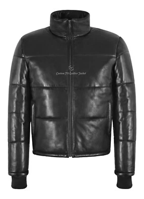 EVEREST LEATHER PUFFER JACKET Black Real Leather Short Padded Warm Winter Jacket - Image 1 of 4