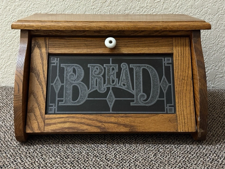 Cornwall Wood Bread Box Black Glass Drop Front 1970's Vtg Country Kitchen USA - Image 1 of 4