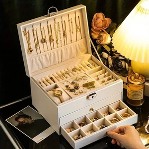 Large Leather Jewelry Storage Box Multi-Layer Jewelry Necklace Earring Organizer - Picture 1 of 15
