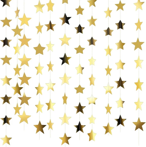Patelai 130 Feet Golden Glitter Star Paper Garland Hanging Set of a Gold