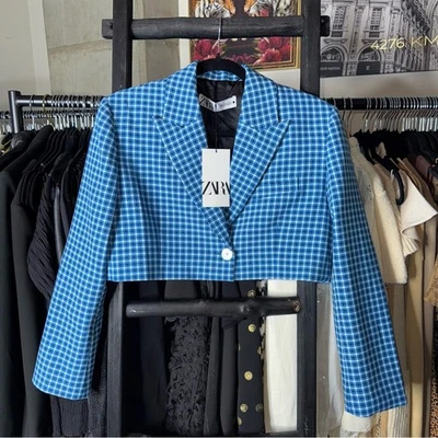 ZARA Small Blue Houndstooth Cropped Blazer Jacket Structured Fit Preppy Chic NEW - Image 1 of 4