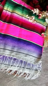 Serape Mexican Blanket Fuchsia Rainbow strips with White fringe XL 82 X 62 - Picture 1 of 5