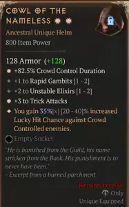 💥DIABLO 4💥TEMPORADA 8💥Casco💥Cowl Of The Nameless 2 GA Trick Attacks + CC 35% - Imagen 1 de 1