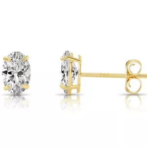 14K Real Solid Gold Solitaire Oval CZ Sleeper Studs Earrings Push-back 5mm 6mm - Picture 1 of 25
