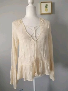 TJD Silk Embroidered, top Blouse L size XS color beige excellent Condition Silk - Picture 1 of 7