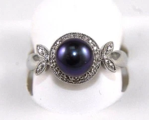 Tahitian Black Pearl & Diamond Halo Leaf Solitaire Ring 14k White Gold 7mm .10Ct - Picture 1 of 7