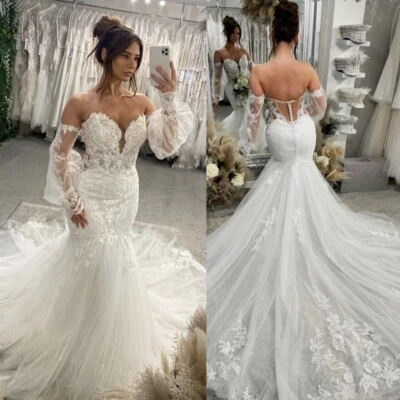 Mermaid Wedding Dresses Detachable Sleeve Lace Applique Sweep Train Bridal Gowns - Image 1 of 4