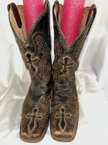VTG Mens CORRAL 9.5D Winged Cross Distressed Brown Western Square Toe Boots - Picture 1 of 7