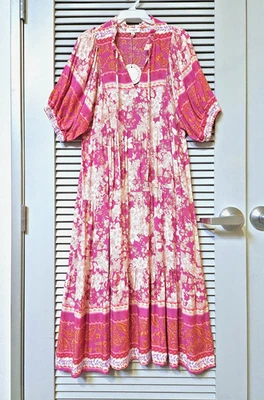 Vestido midi largo estampado floral rosa cuello corbata escalonado S Foto 1 de 4
