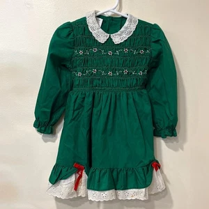 VTG Polly Flinders Hand Smocked Green Dress Peter Pan Collar Bow Easter Spring 4 - Picture 1 of 7