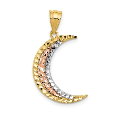 14k Tri-Color Gold Crescent Moon Pendant Textured Diamond-Cut Celestial Necklace - Image 1 of 4