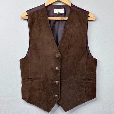 Vintage 90s Casual Corner Suede Leather Vest Size L Western Boho Cowgirl Brown - Image 1 of 4