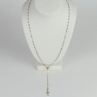 14k Yellow, White, & Rose Gold Women's Rosary Cross Necklace 22" - Image 1 of 2