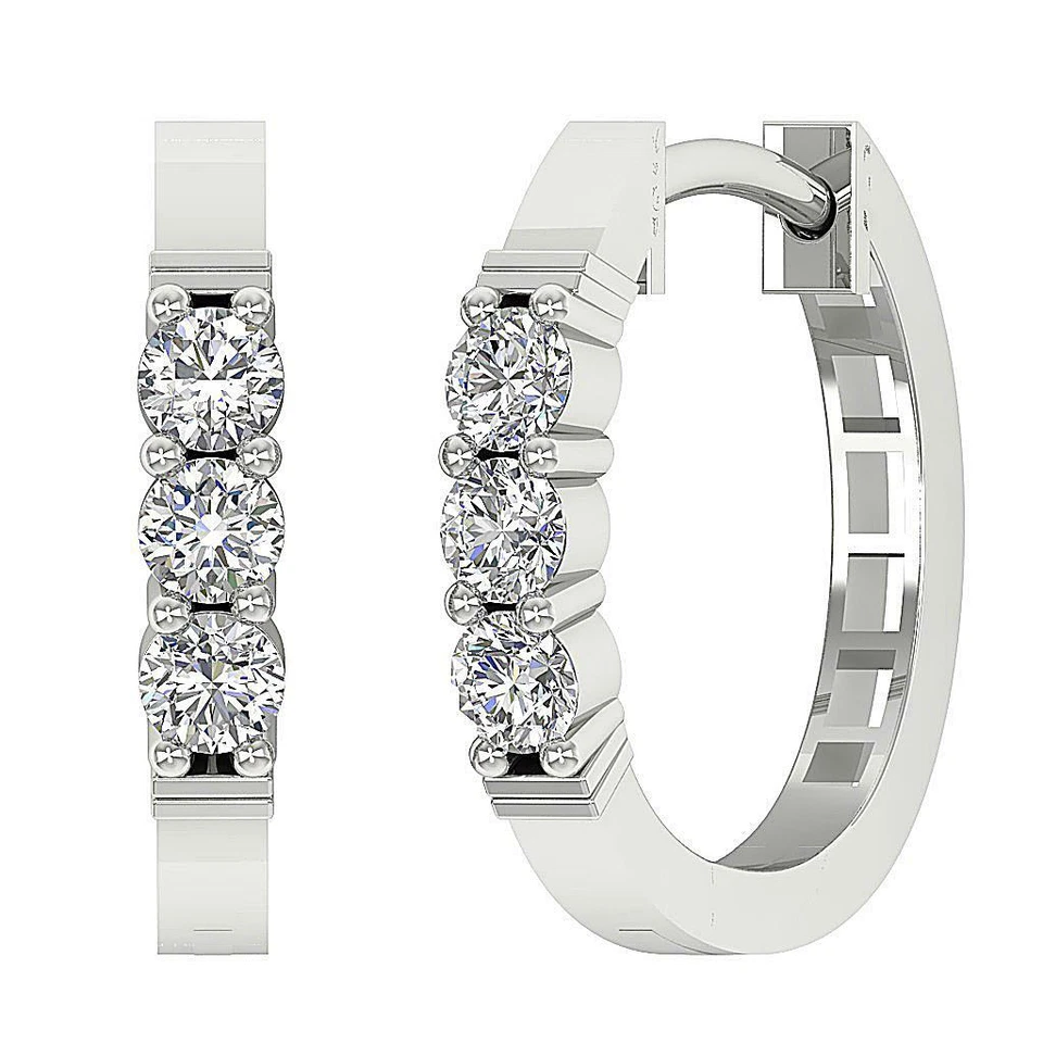 Natural Diamond VS1 F 0.50 Carat Hoop Earrings 14K White Gold Prong Set 0.60Inch - Image 1 of 1