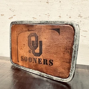 Oklahoma Sooners OU Logo Metal Branded Distressed Leather Belt Buckle 3 X 2 - Picture 1 of 6