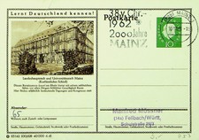 GERMANY 1961 LANDESHAUPSTADT & MAINZ UNIVERSITY 10pf POSTAL CARD TO FELLBACH