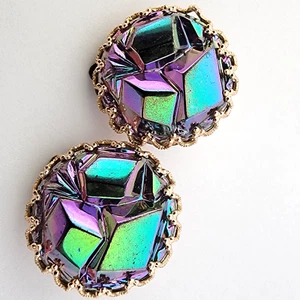 Vintage West Germany Carnival Iridescent Copper Rose Color Clip-On Earrings NICE - Picture 1 of 7