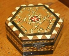 Vintage Wooden Inlaid Wood Hinged Box Jewellery Trinket Hexagon Marquetry Lined