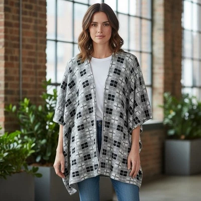 Joseph A Gris Cuadrado Estampado a Cuadros Tejido Cremallera Frontal Poncho Cárdigan Suéter OS NUEVO CON ETIQUETAS Foto 1 de 4