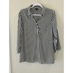 Talbots Black White Stripe Faux Wrap Blouse Collar Shirt 3/4 Sleeve Size M - Picture 1 of 8