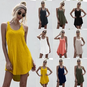 Summer Women's Racer Back Vest Top Long Sleeveless Dresses Midi Shirts Dress - Picture 1 of 37