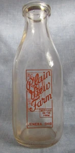 VINTAGE I QUART SQUARE GLASS MILK BOTTLE RED LETTERING PLAIN VIEW FARM JENERA, O - Picture 1 of 5
