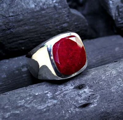Solid 925 Sterling Silver Natural Ruby Corundum Cushion Cut Gemstone Men's Ring - Image 1 of 4