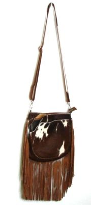 Western Linen Suede Leather Fringe Crossbody Bag Purse Cowhide Rodeo READ FLAW - Image 1 of 4