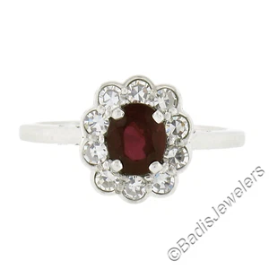 Platinum 1.39ctw GIA NO HEAT Oval Vibrant Red Ruby & Diamond Flower Halo Ring - Picture 1 of 11
