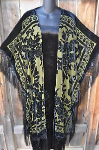 CHAQUETA KIMONO LARGA CON FLECOS DE SEDA BURNOUT TERCIOPELO NEGRO Y OLIVA ART TO WEAR, ¡OS+! - Imagen 1 de 4