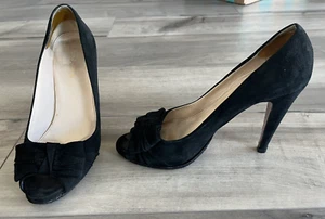 Prada 8-1/2; 9 Black Suede Open Toe Bow Pump new soles & Heel Taps Size 38-1/2 - Picture 1 of 12