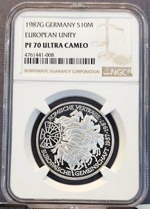 1987 GERMANY SILVER 10 MARK S10M EUROPEAN UNITY NGC PF 70 ULTRA CAMEO PERFECTION - Picture 1 of 3