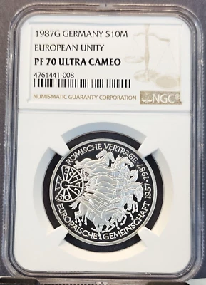 1987 GERMANY SILVER 10 MARK S10M EUROPEAN UNITY NGC PF 70 ULTRA CAMEO PERFECTION - Image 1 of 3