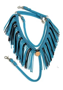 Horse Fringe Breast Collar Black & Turquoise With Wither Strap - Picture 1 of 9