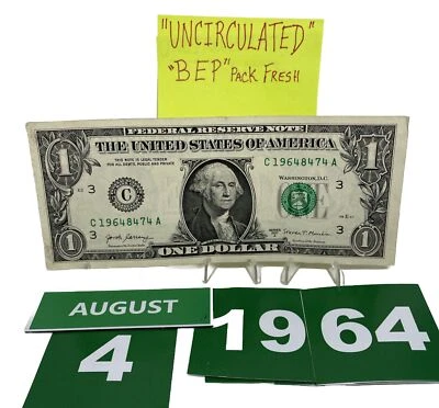 Birthday Note Dollar August 4 1964. Fancy Serial Number UNCirculated BEP Fresh - Image 1 of 4
