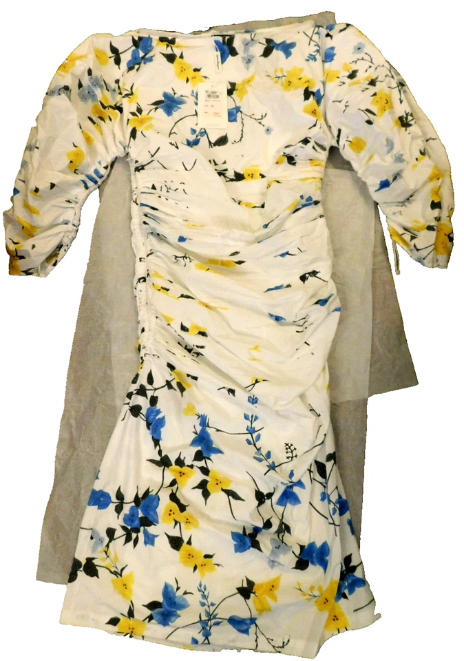 Vestido midi Salvatore Ferragamo 42 blanco azul amarillo floral lados reunidos $3190 Foto 1 de 4