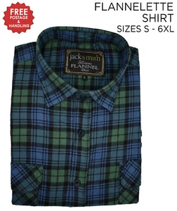 Mens Flannelette Long Sleeve Shirt 100% Cotton Check Navy Blue - Green - Picture 1 of 2