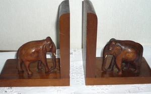 2 Buchstützen hand geschnitzte Elefanten Babyelefant Holz dekorativ vintage - Bild 1 von 4