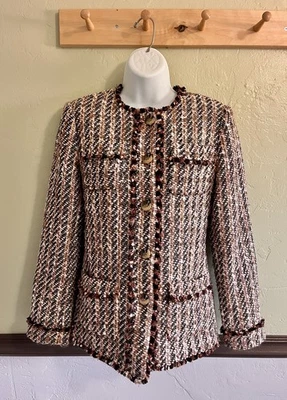 Ann Taylor 粗花呢夹克 4P 棕色棕褐色条纹装饰内衬西装外套装饰二手状况完好  — 第 1/4 张图片