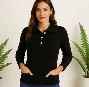 Lauren Jeans Co. Strick Tunika Pullover Kragen 3 Knopf Taschen schwarz Lg Vintage - Bild 1 von 7