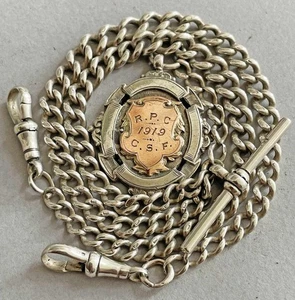 Schwere antike Sterling Silber Double Albert Taschenuhrkette mit Anhänger - 50 g c - Bild 1 von 15