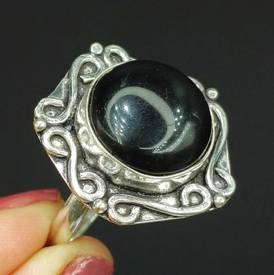Joyería de plata 925 con piedras preciosas de ónix negro natural hecha a mano, anillo tamaño-10,5 EE. UU. Foto 1 de 4