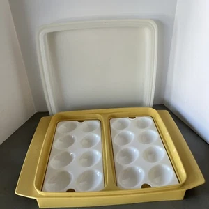 Vintage Tupperware Deviled Egg Keeper Carrier Tray Almond Tan #723 4pc Set - Picture 1 of 8