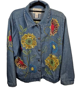 Vintage Tantrums Denim Jacket Floral Embroidered Sequin Women's Large Boho Jean - Picture 1 of 9