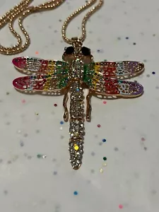 New Rainbow Enamel Retro Dragonfly Crystal Pendant Women Necklace - Picture 1 of 10